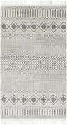 Close-up of the hand woven Blakeview Wool Rug. Black and cream geometric pattern with fringe. Design-Rectangle-576