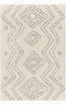 Close-up of the Ballybofey Area Rug. Cream rug with gray geometric diamond pattern and tassels. Farmhouse style. Design-Rectangle-537