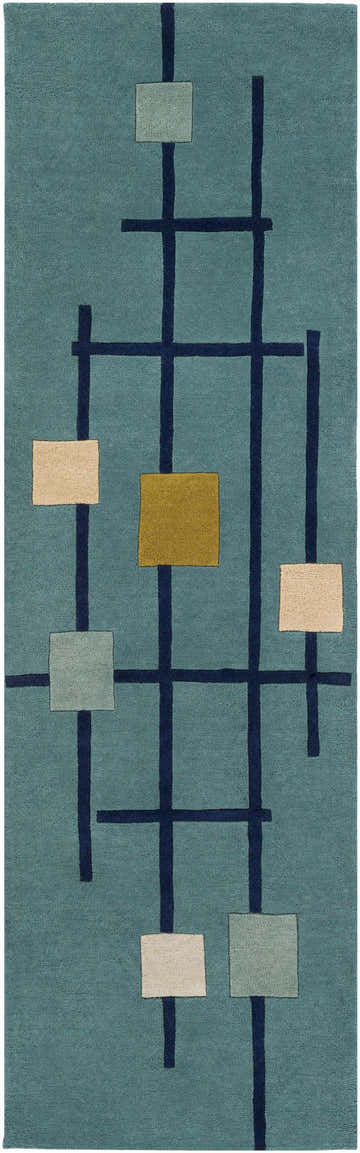 Close-up of the Bellvue Modern Hand Tufted Wool Rug with geometric design in dark blue, light beige, sage, and mustard tones. Design-Runner-268