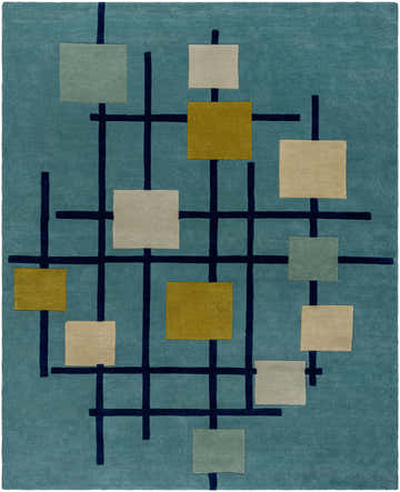 Close-up of the Bellvue Modern Hand Tufted Wool Rug. Features a geometric pattern with blue, beige, sage, and mustard squares. Design-Rectangle-7696