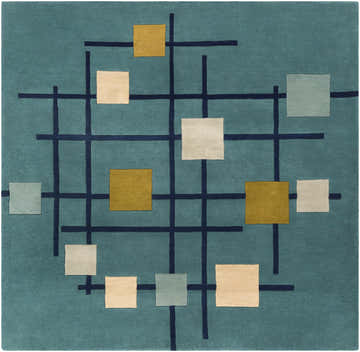 Close-up of the Bellvue Modern Hand Tufted Wool Rug. Features a geometric pattern in dark blue, beige, gray, sage, and mustard tones. Design-Square-8
