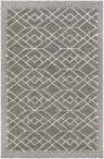 Close-up of the Ballybunnion Area Rug. Charcoal gray rug with light beige geometric diamond pattern and textured border. Design-Rectangle-527