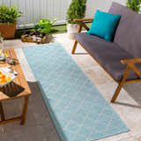 Outdoor patio scene with an aquamarine Unique Outdoor Trellis Area Rug, wooden furniture, and potted plants. Roomscene-Runner