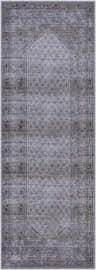Close-up of the Brown Ballinasloe Vintage Washable Area Rug, featuring a traditional oriental design in brown, gray, and navy. Design-Runner-2773