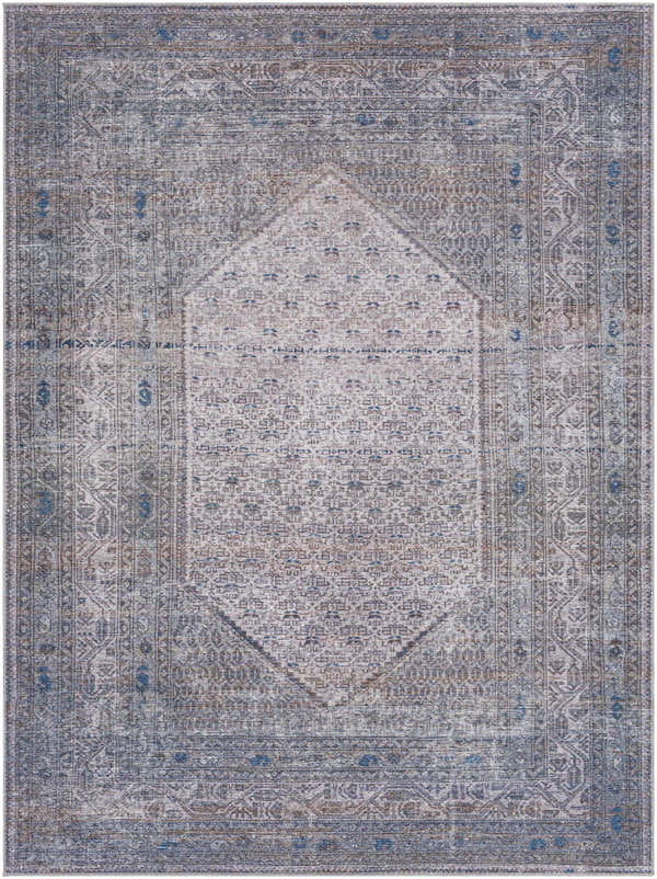 Close-up of the Brown Ballinasloe Vintage Washable Area Rug, featuring a traditional oriental pattern in brown, gray, and navy. Design-Rectangle-710102