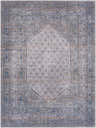 Close-up of the Brown Ballinasloe Vintage Washable Area Rug, featuring a traditional oriental pattern in brown, gray, and navy. Design-Rectangle-710102