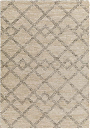 Close-up of Bloem Area Rug. Geometric diamond pattern in dark gray on a textured khaki and taupe background. Design-Rectangle-5373
