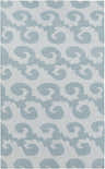 Close-up of the Bloomington Area Rug. Ice blue and sky blue swirls pattern a hand woven wool rug. Contemporary style. Design-Rectangle-58