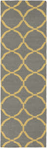 Close-up of the Bloomer Area Rug. Hand-woven wool rug with a gray background and mustard geometric circle pattern. Design-Runner-268