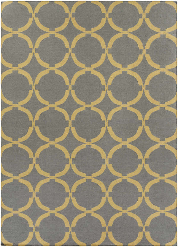 Close-up of the Bloomer Area Rug: a gray, hand-woven wool rug with a mustard-colored geometric circle pattern. Design-Rectangle-811