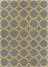 Close-up of the Bloomer Area Rug: a gray, hand-woven wool rug with a mustard-colored geometric circle pattern. Design-Rectangle-811