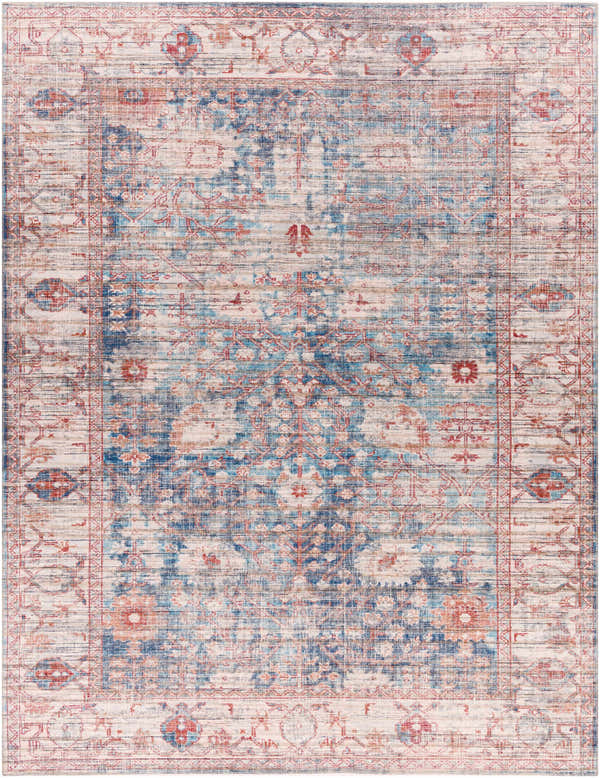 Close-up of Balindong Washable Printed Jute Rug. Beige, cream, denim, and red oriental rug with a distressed, vintage look. Design-Rectangle-710102