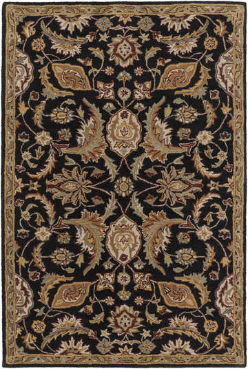 Close-up of the Blomkest Black&Yellow Traditional Wool Carpet. Features a floral Persian design in beige, gold, and burgundy on black. Design-Rectangle-576