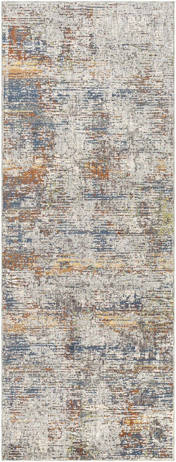 Detailed view of the Blountville Carved Statement Rug. Abstract design in blue, charcoal, orange, and ivory hues. Design-Runner-338