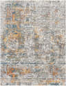 Close-up of the Blountville Carved Statement Rug. Features a contemporary abstract design in ivory, blue, orange, and gray tones. Design-Rectangle-710103