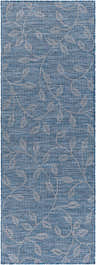 Close-up of the blue Blair Area Rug. Features a woven leaf pattern in light gray. Coastal style. Design-Runner-2773