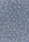 Close-up of the Blair Area Rug. Blue polypropylene rug with a light gray leafy vine pattern. Machine woven. Design-Rectangle-537