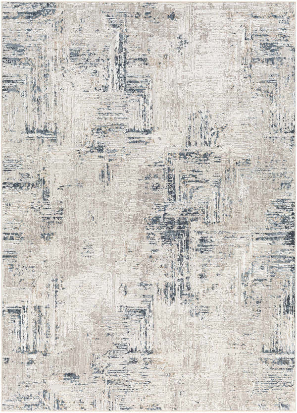 Close-up of the Balasing Area Rug - Clearance. Contemporary style in dark gray, ivory, and blue with a subtle geometric pattern. Design-Rectangle-537