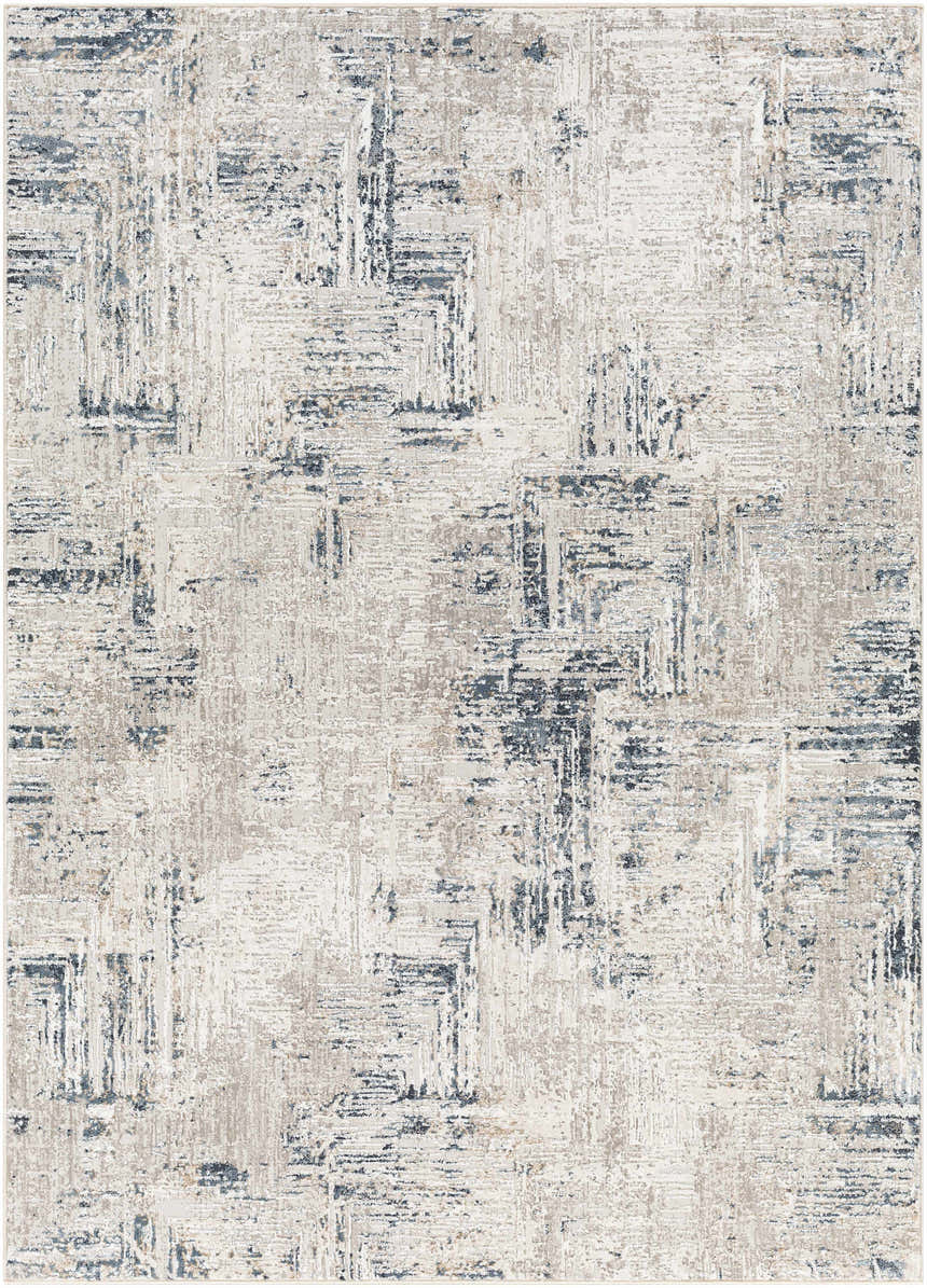 Close-up of the Balasing Area Rug - Clearance. Contemporary style in dark gray, ivory, and blue with a subtle geometric pattern. Design-Rectangle-537