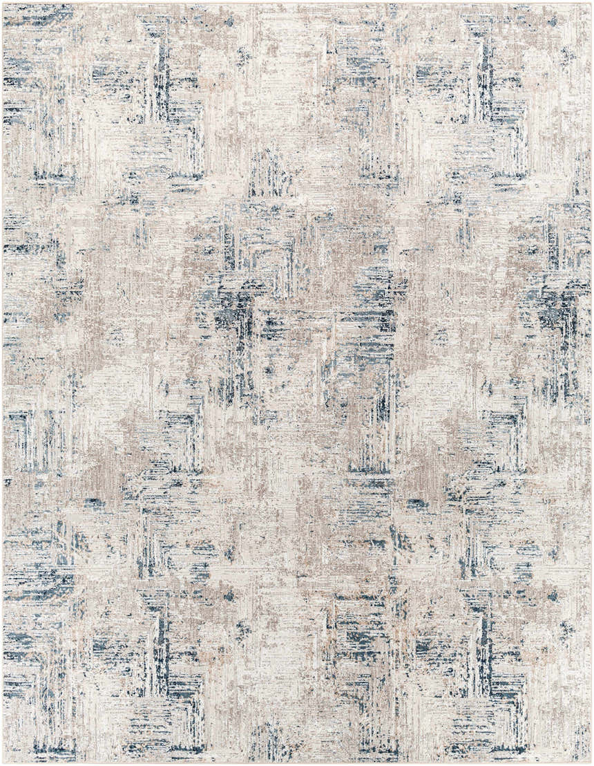 Close-up of the Balasing Area Rug. Contemporary style with dark gray, ivory, and tan abstract pattern. Design-Rectangle-71010