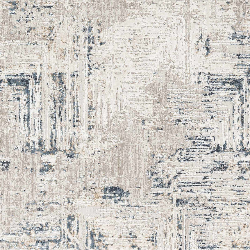 Close-up of the Balasing Area Rug. Contemporary design in dark gray, ivory, and sky blue hues. Machine woven polyester rug texture. Swatch