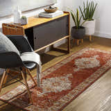 Entryway with wood floors and Brick Red Bluewell Area Rug runner, styled with mid-century modern cabinet and chair. Roomscene-Runner