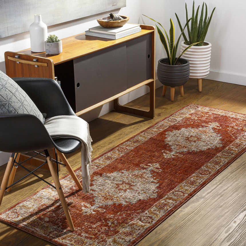 Entryway with wood floors and Brick Red Bluewell Area Rug runner, styled with mid-century modern cabinet and chair. Roomscene-Runner