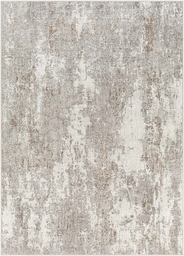 Close-up of the Binabaan Abstract Area Rug, featuring a distressed pattern in charcoal, gray, ivory, and tan hues. Design-Rectangle-537