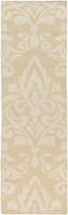 Close-up of the Bond Area Carpet, a hand-woven runner in beige and cream with a traditional damask pattern. Design-Runner-268