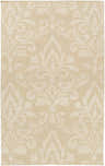 Close-up of the Bond Area Carpet. Hand-woven wool rug in beige and cream with a traditional damask pattern. Design-Rectangle-576