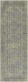 Close-up of the Bongao Washable Area Rug. Black, gray, and sage green oriental rug with a geometric diamond pattern. Design-Runner-2773