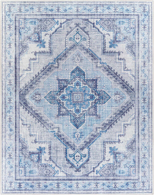 Close-up of the Boon Area Rug with a traditional diamond and floral pattern in ivory, gray, and blue tones. Design-Rectangle-7696