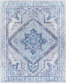 Close-up of the Boon Area Rug with a traditional diamond and floral pattern in ivory, gray, and blue tones. Design-Rectangle-7696