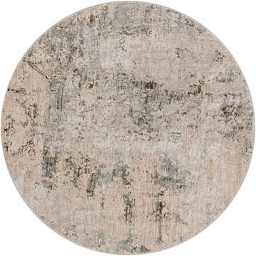 Close-up of a round Bennet Thick Luxe Boutique Rug. Features a distressed pattern in taupe, sage, and light gray. Design-Round-53