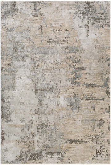 Close-up of the Bennet Thick Luxe Boutique Rug. Abstract design in shades of taupe, light gray, and charcoal. Design-Rectangle-6796