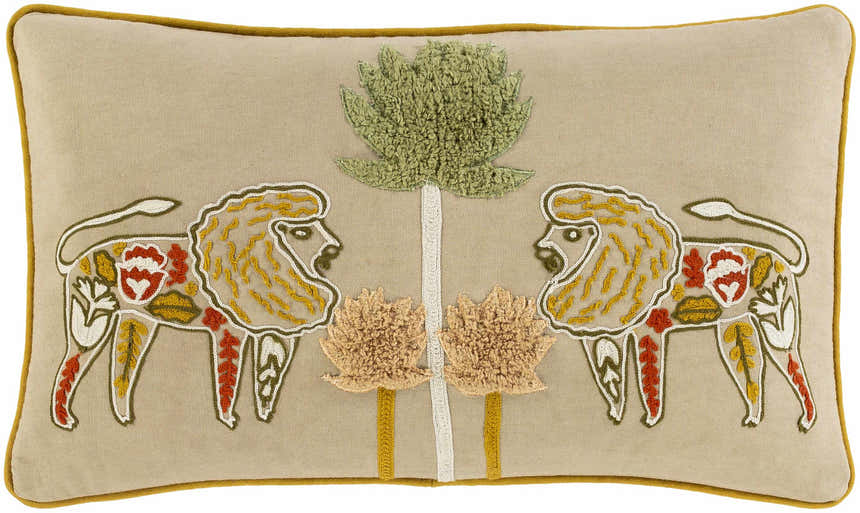 Bonnybridge Tan Embroidered Lions Lumbar Pillow - Clearance