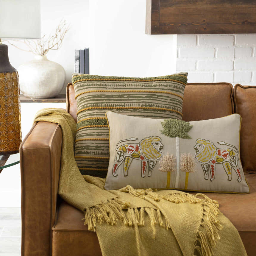Bonnybridge Tan Embroidered Lions Lumbar Pillow - Clearance