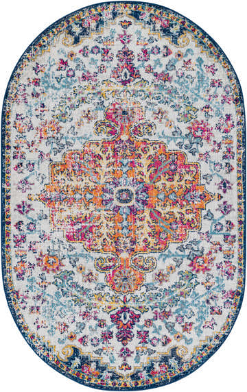 Oval Bodrum Area Rug with a traditional floral pattern in aqua, blue, orange, red, and saffron. Design-Oval-58