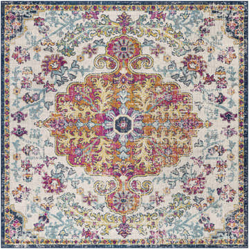 Detailed Bodrum Area Rug close-up. Bohemian floral pattern with aqua, blue, burgundy, and saffron on an off-white background. Design-Square-710