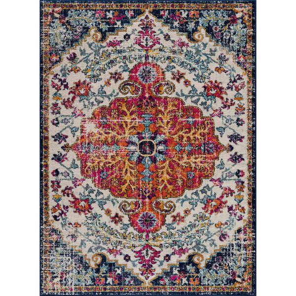 Detailed Bodrum Lite Colorful Rug with a traditional floral pattern in vibrant pink, orange, blue, and navy on a cream background. Design-Rectangle