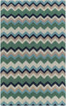 Close-up of the hand woven Bogota Area Rug. Features a contemporary chevron pattern in beige, blue, brown, and green wool. Design-Rectangle-58