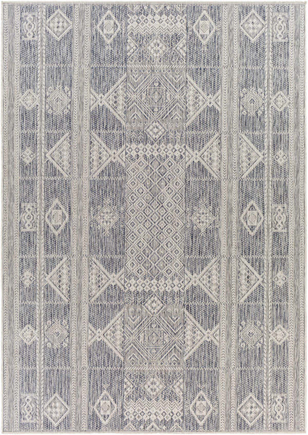 Close-up of Malamig Gray Area Rug with geometric diamond pattern in cream, dark gray, and navy. Machine woven texture. Design-Rectangle-537