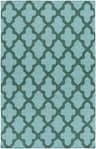 Close-up of the Boles Area Carpet. Sky blue wool rug with a teal quatrefoil pattern, hand woven. Design-Rectangle