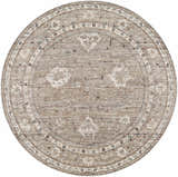 Round Bolitoc Area Rug. Brown, charcoal, ivory, pale blue, and sage traditional oriental rug pattern. Design-Round-53