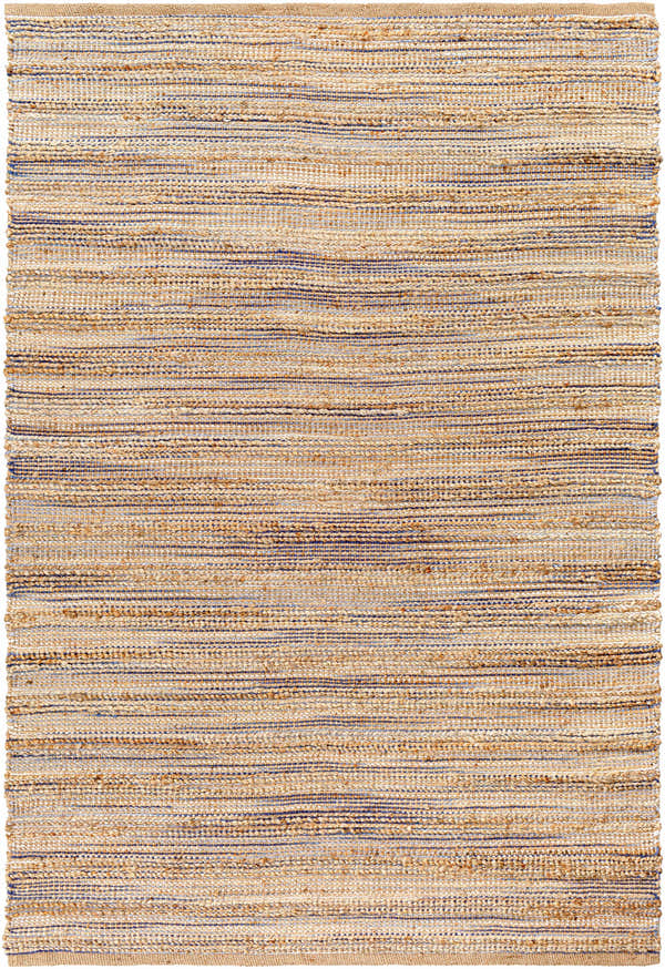 Close-up of hand woven Bombon Area Rug. Jute rug in beige, tan, and subtle blue stripes. Contemporary, farmhouse style. Design-Rectangle-576