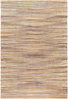 Close-up of hand woven Bombon Area Rug. Jute rug in beige, tan, and subtle blue stripes. Contemporary, farmhouse style. Design-Rectangle-576