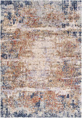 Close-up of the Bonaventure Area Rug, a contemporary design in charcoal, red, gray, navy, and rust polyester. Design-Rectangle-5373