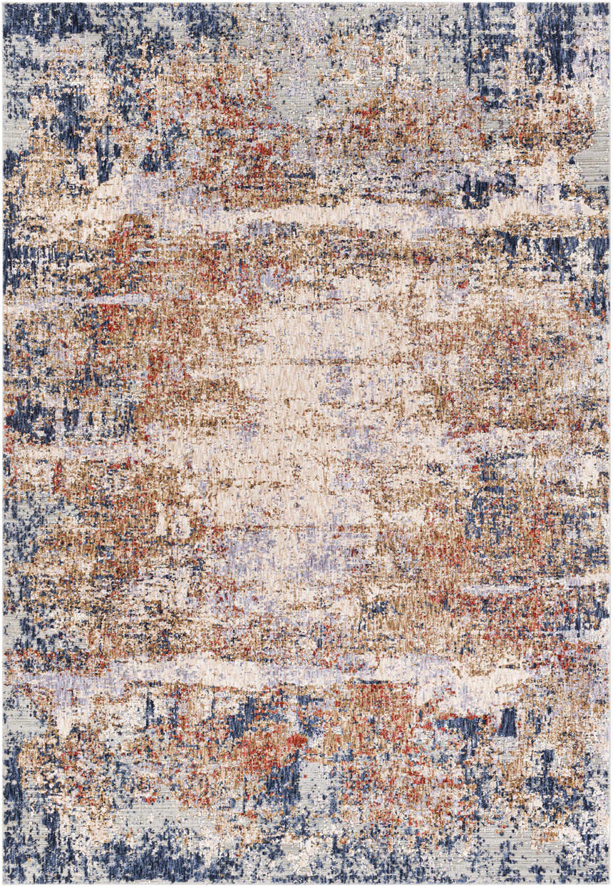 Close-up of the Bonaventure Area Rug, a contemporary design in charcoal, red, gray, navy, and rust polyester. Design-Rectangle-5373