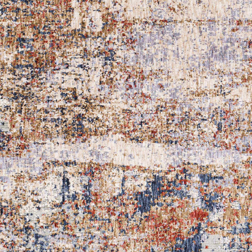 Close-up of the Bonaventure Area Rug: contemporary style with charcoal, red, gray, navy, and rust colors. Swatch