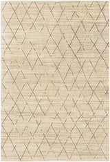 Close-up of the Bonogin Area Rug, a hand-loomed rug with a tan background and dark brown diamond pattern. Design-Rectangle
